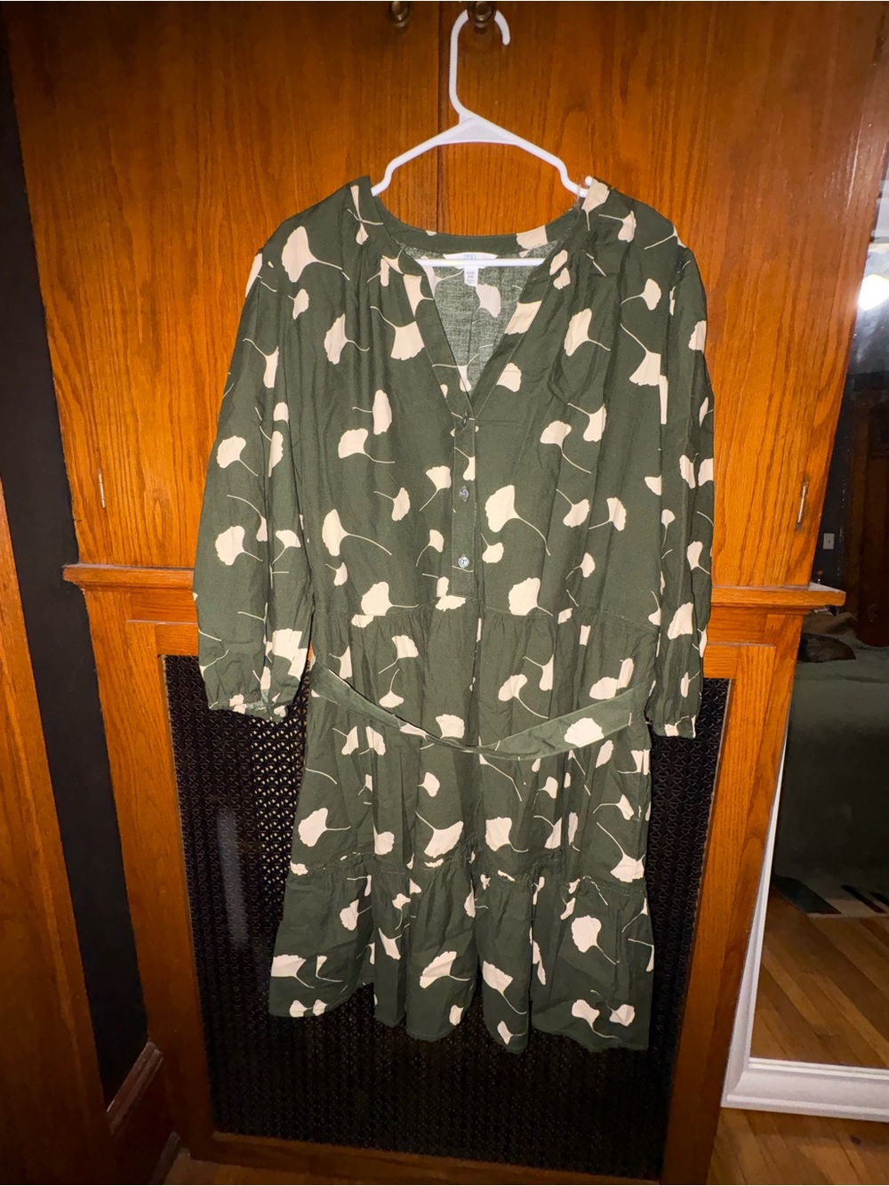 Time and Tru Olive Green and Cream Floral Midi Dress